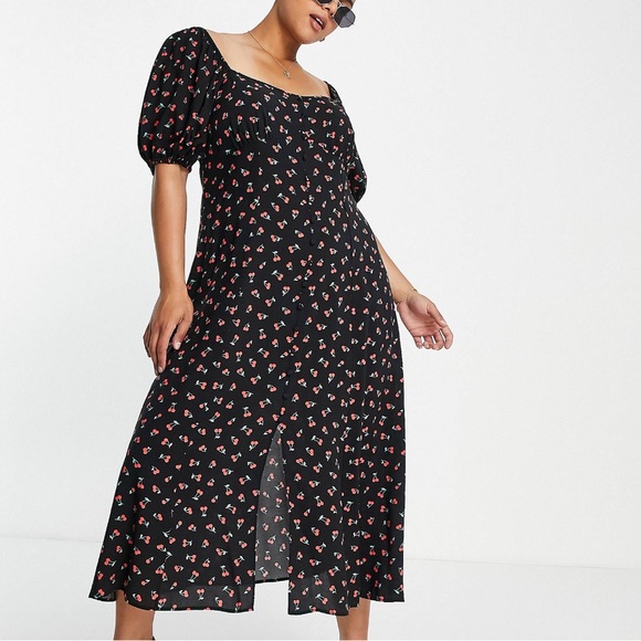 ASOS DESIGN Curve cupped button through midi tea dress in cherry print - Picture 2 of 8